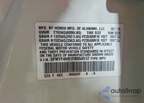 2015 Honda Pilot Touring from USA, damaged, VIN 5FNYF4H91FB054512